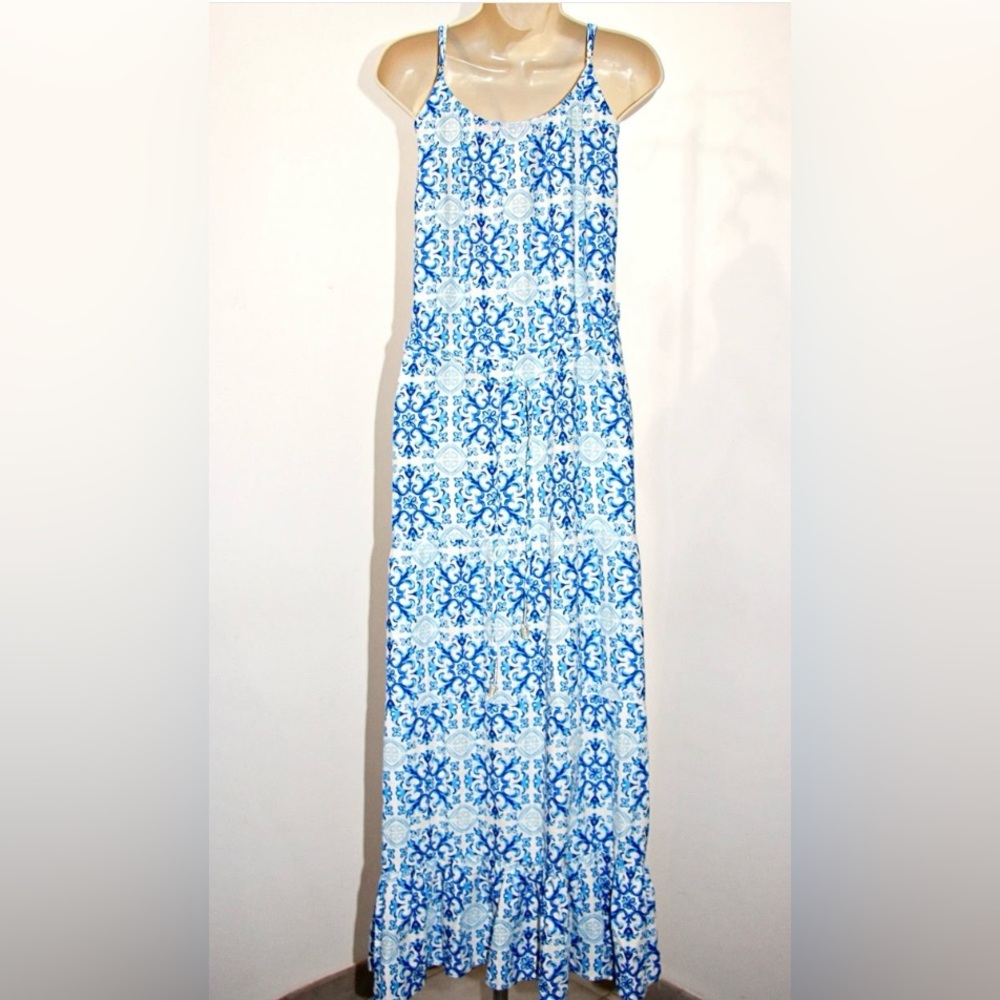 Isaac Mizrahi Linen Blend Blue & White Patterned Dress Size Large